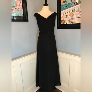 Elegant Black Chiffon Off the Shoulder Gown with Ruched Bodice and Fishtail Hem